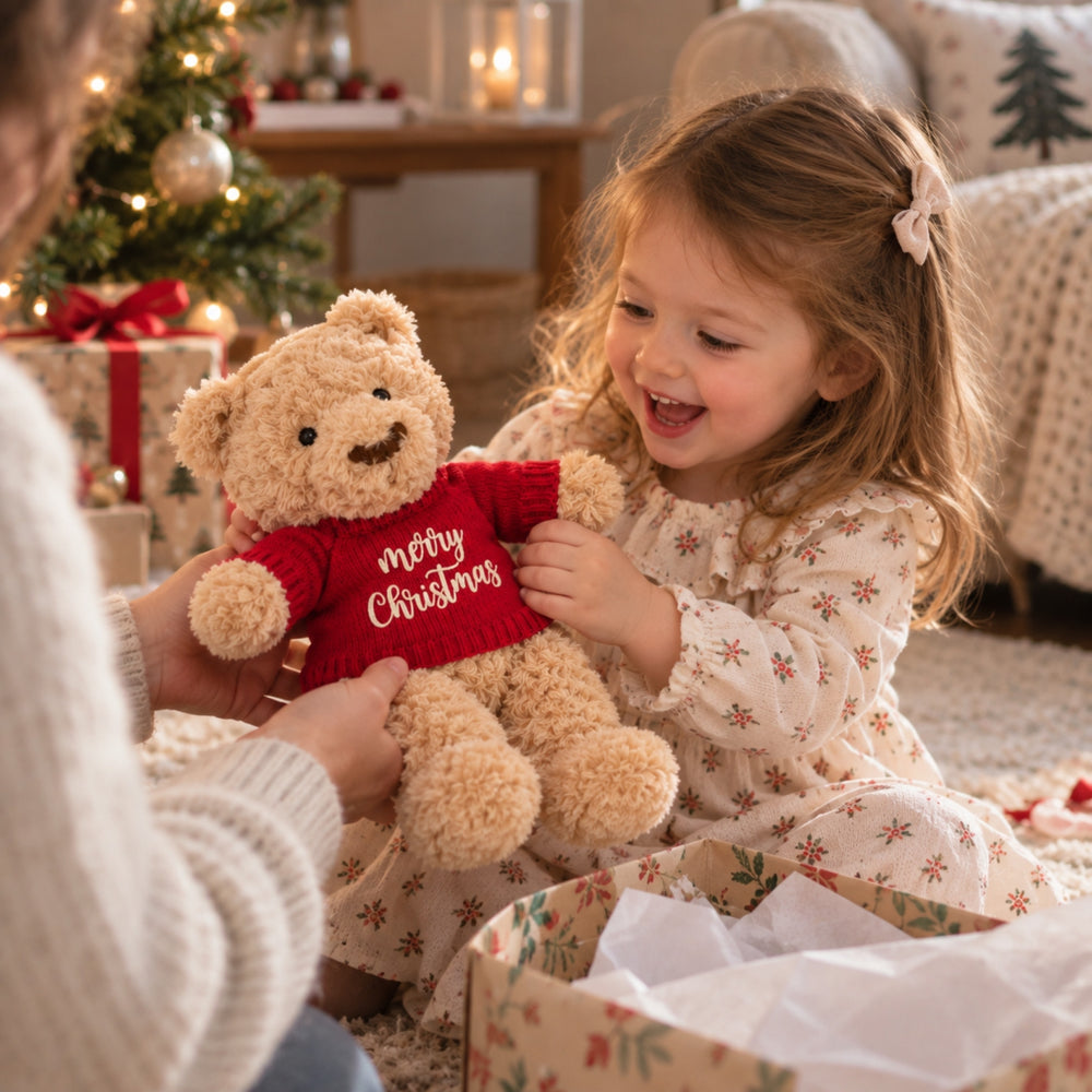 Young girl happily receiving a teddy bear dressed in a red knitted “Merry Christmas” jumper, surrounded by wrapped presents and a Christmas tree in a cosy festive setting.