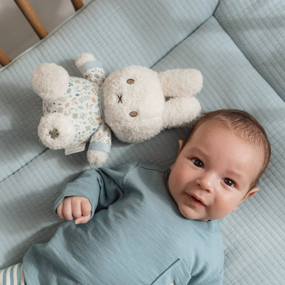 Baby lying beside Miffy x Little Dutch Lucky Leaves Cuddle