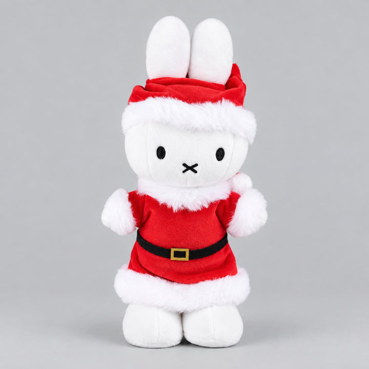 White Miffy bunny plush toy dressed in a red Santa outfit with white fluffy trim, black belt and matching Santa hat.