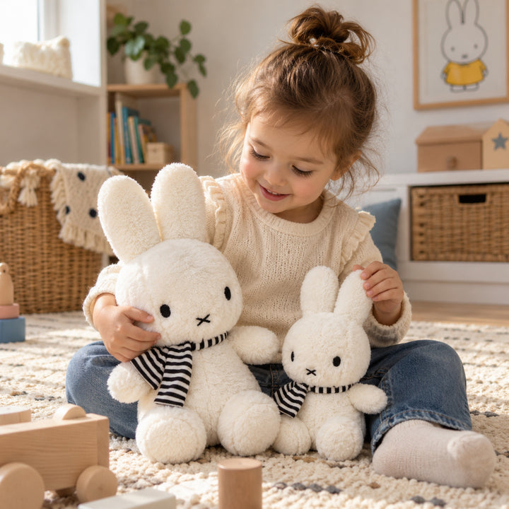 Little girl playing with two white Miffy bunny plush toys of different sizes, both wearing black and white striped scarves, in a cosy playroom.