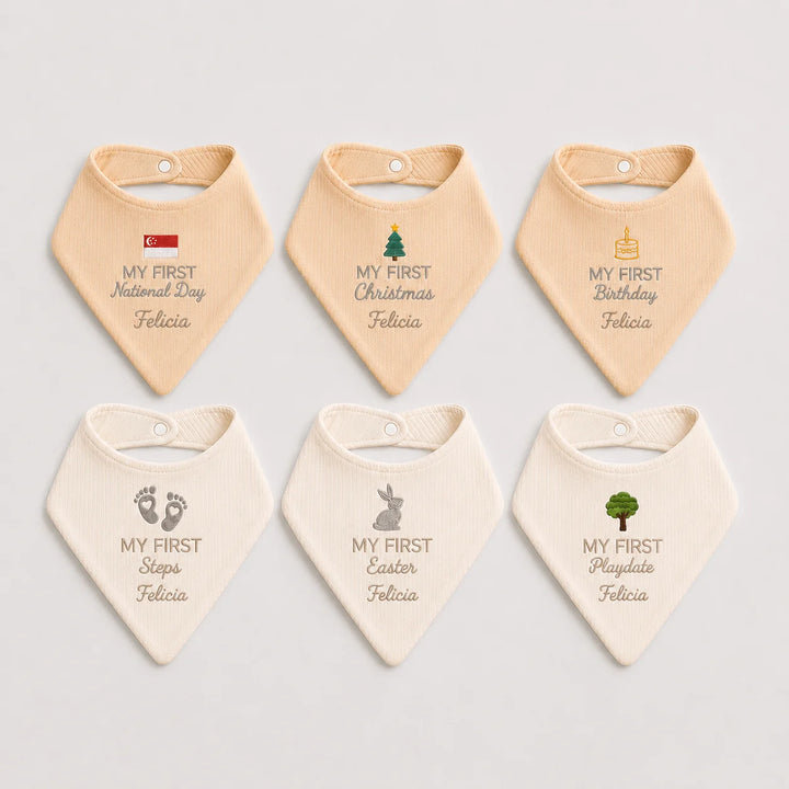 Personalised My First Milestone Baby Bib Set of 6 in Cream and Beige for Newborn Photos