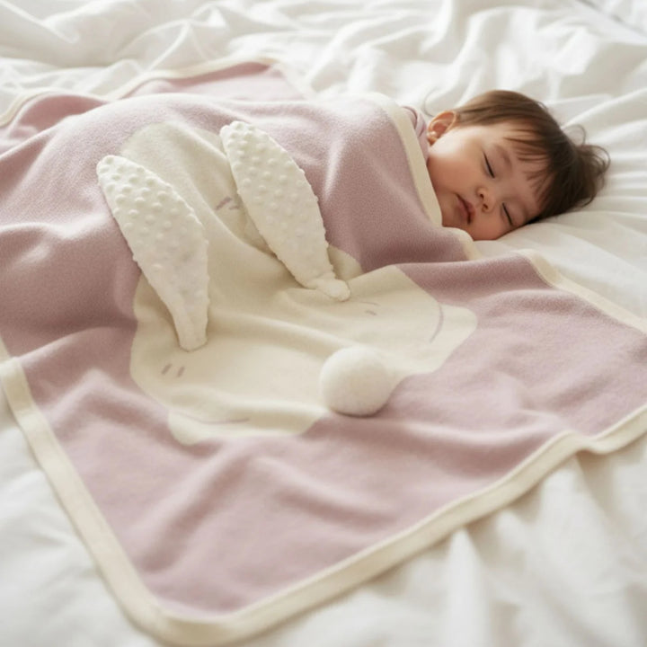 Sleeping baby girl lying on white bedding under a pink bunny blanket with a large white bunny applique and textured ears.