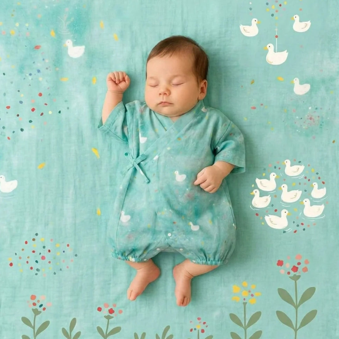 Sleeping baby wearing a teal kimono romper with white duck prints and colourful pond-inspired details on matching bedding.
