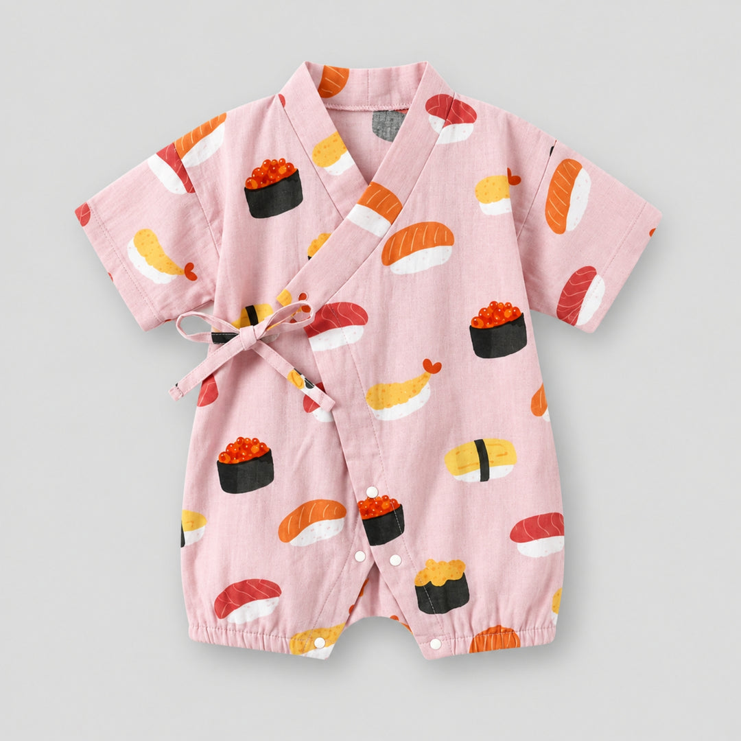 Baby Gifts, Personalised to Keep: Mimi Mono Baby Kimono | Oishii Sushi Print Design in Azuki
