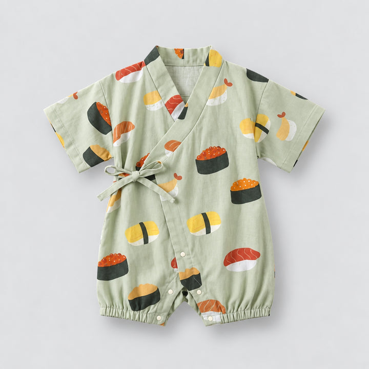 Light green sushi-print kimono romper with wrap-front tie detail, short sleeves and colourful sushi illustrations.