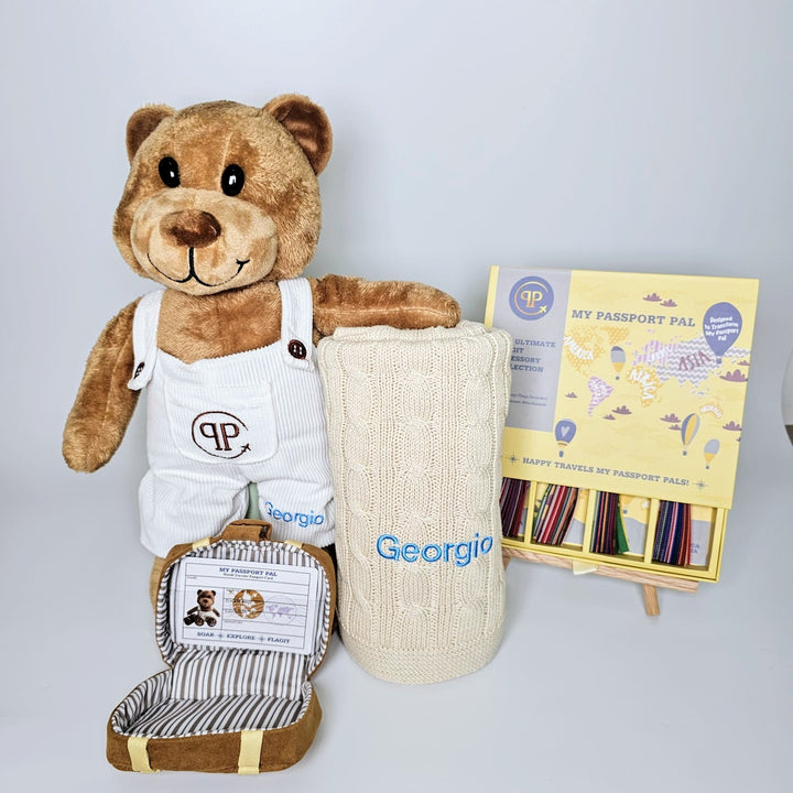 Mini Explorer Kit consisting of Cable Knit Blanket, My Passport Pal Teddy and Flagit Accessory Pack