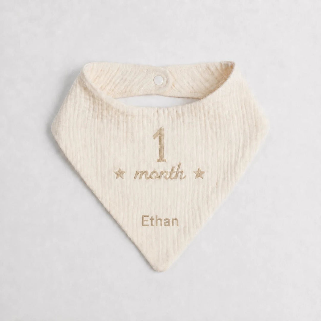 Baby bib with personalised name on monthly milestone bibs text on a light gray background