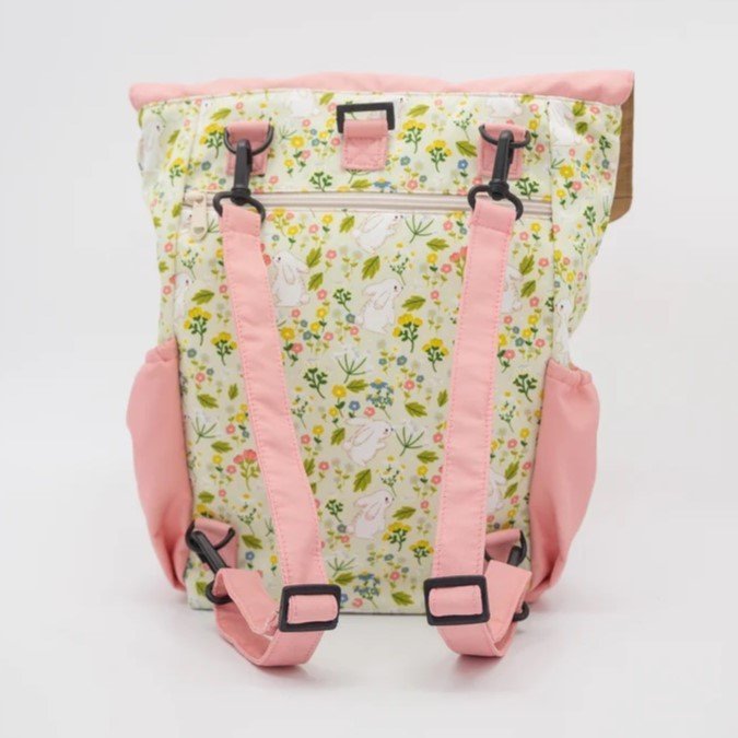 Back of Mori Official Kids 4-way Backpack in Floral Rabbit Design