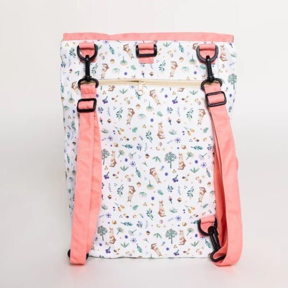 Back of Mori Official Kids 4-way Backpack in Woodlands Rabbit Design