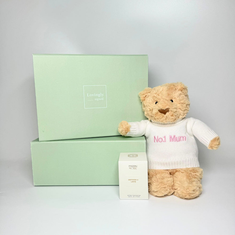 Exclusive Mother’s Day hamper featuring a soft No.1 Mum bear and elegant Mother x Love fragrance – thoughtful and luxurious gift for mum.