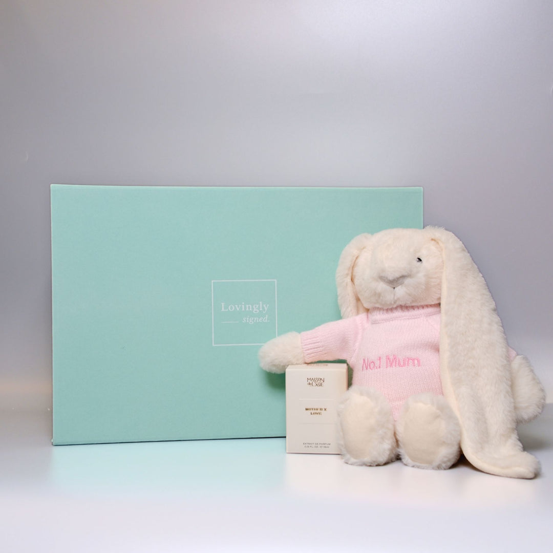 Cream plush bunny toy with 'No.1 Mum' personalisation and Mother x Love Perfum gift set 