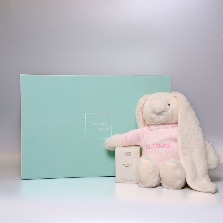 Cream plush bunny toy with 'No.1 Mum' personalisation and Mother x Love Perfum gift set 