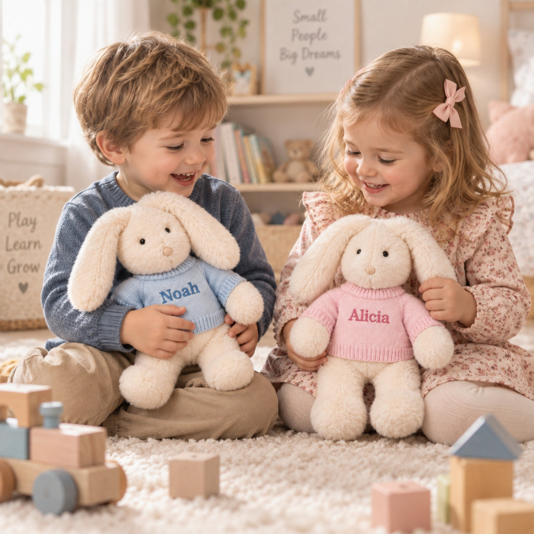 Two children holding personalised cream bunny soft toys, one in a blue jumper embroidered Noah and one in a pink jumper embroidered Alicia.