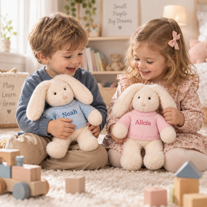 Two children holding personalised cream bunny soft toys, one in a blue jumper embroidered Noah and one in a pink jumper embroidered Alicia.