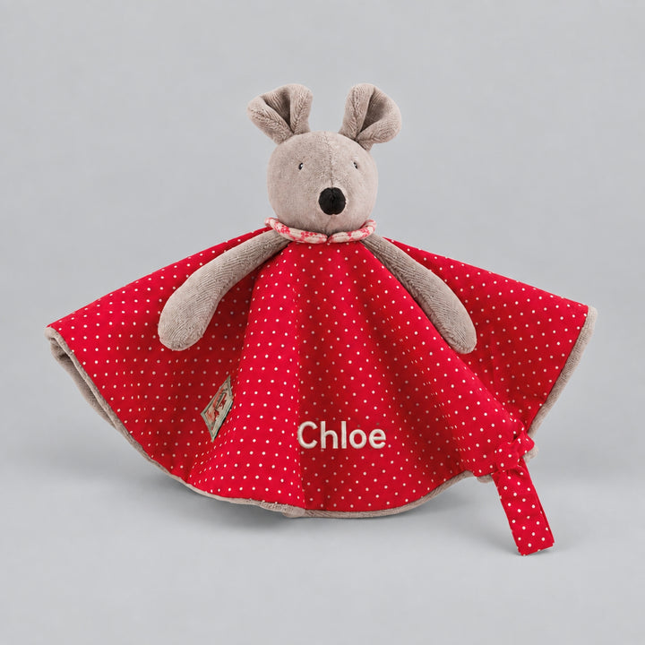 Personalised Moulin Roty Nini the Mouse comforter with red polka-dot fabric and the name “Chloe” embroidered on the front.