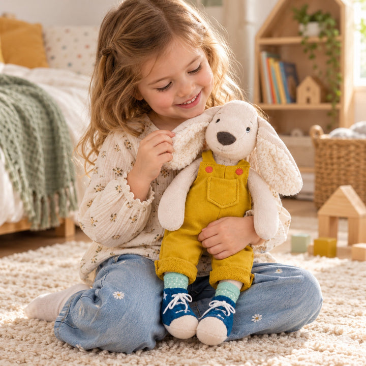 Smiling young girl sitting on a soft rug and cuddling a Moulin Roty plush dog dressed in mustard-yellow overalls and blue shoes.