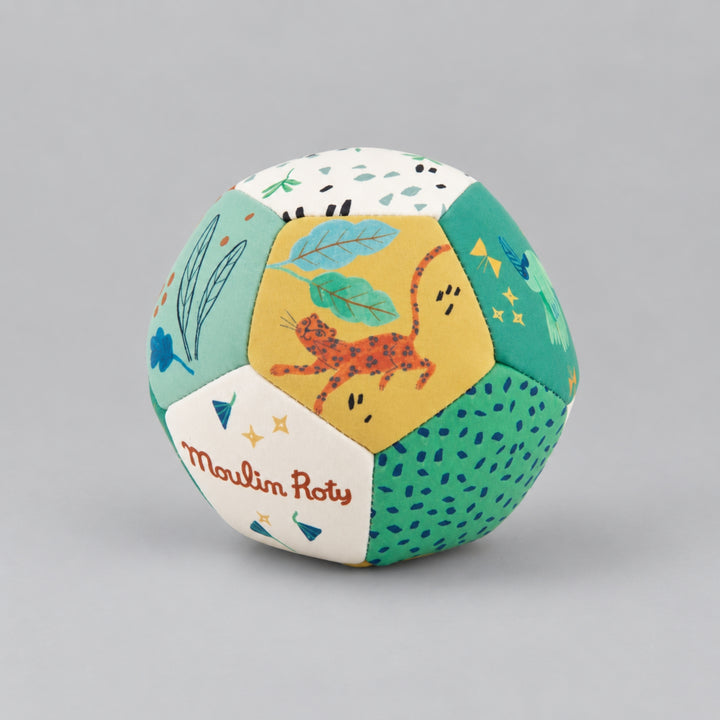 Moulin Roty La Forêt Mawa soft ball shown from another angle with colourful animal, leaf and patterned fabric panels.