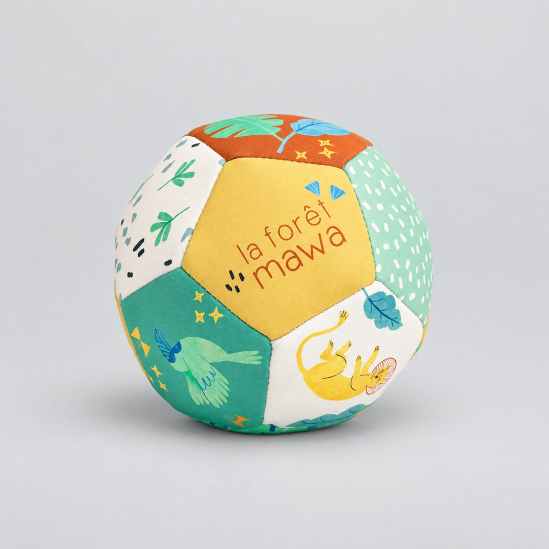 Moulin Roty La Forêt Mawa soft activity ball with colourful forest animal and nature illustrations on a light grey studio background.