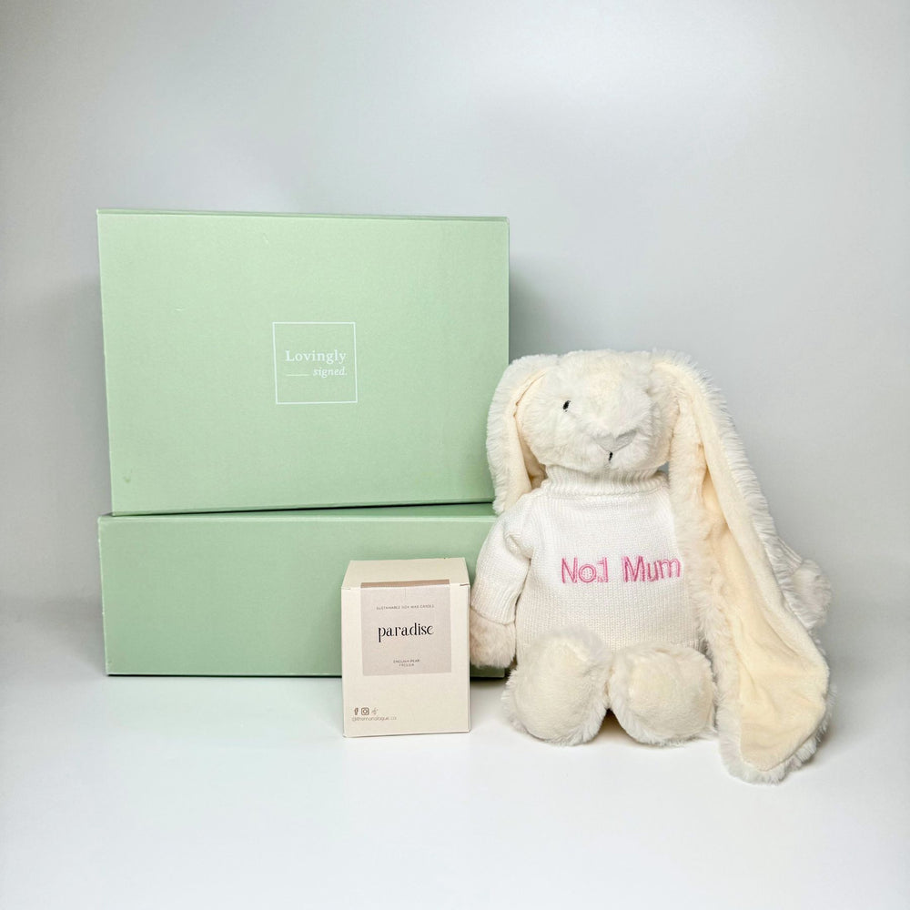 Exlcusive Mother’s Day gift set with Personalised No.1 Mum Bunny  and scented soy candle 