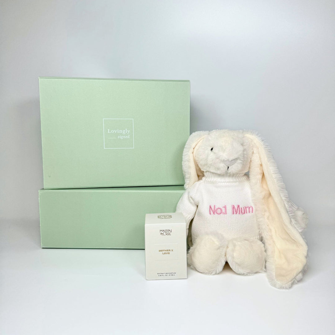 Exclusive Mother’s Day hamper featuring a soft No.1 Mum Bunny and elegant Mother x Love fragrance – thoughtful and luxurious gift for mum.