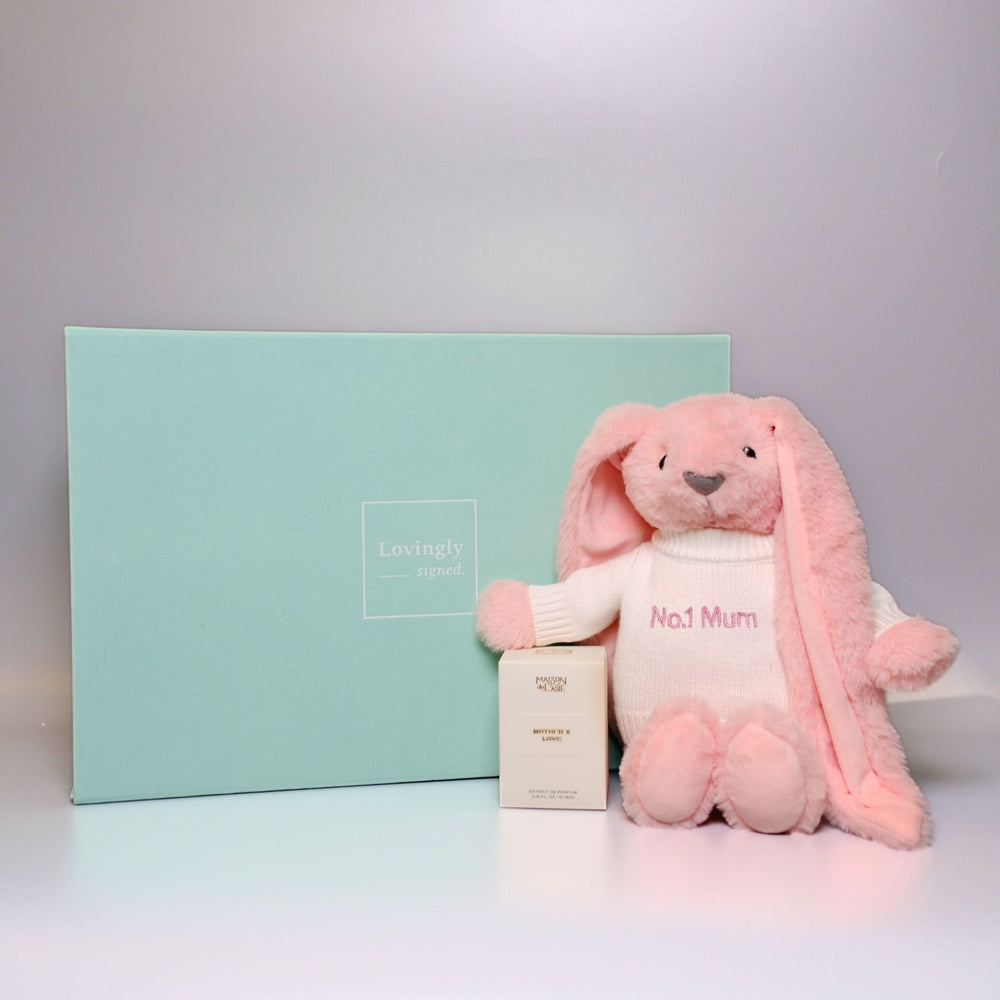 Pink plush bunny toy with 'No.1 Mum' personalisation and Mother x Love Perfum gift set 