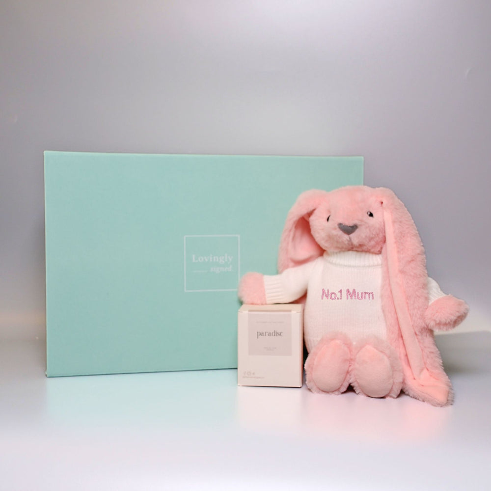 Pink plush bunny with 'No.1 Mum' text next to a light blue box on a white surface.