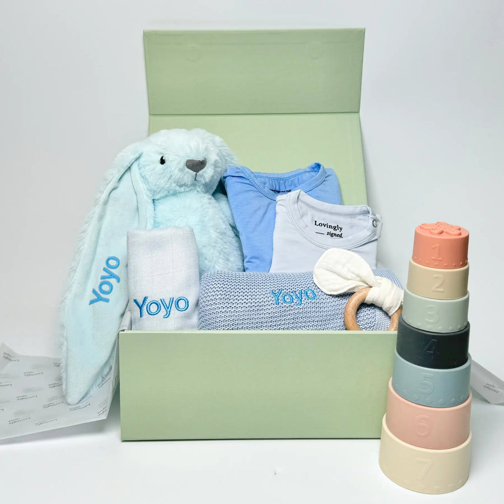 New Beginnings Baby Gift Set in Blue- Essential Clothings, Blanket, Wash Cloth, Bunny Soft Toy, Stacking Toy and Teether

