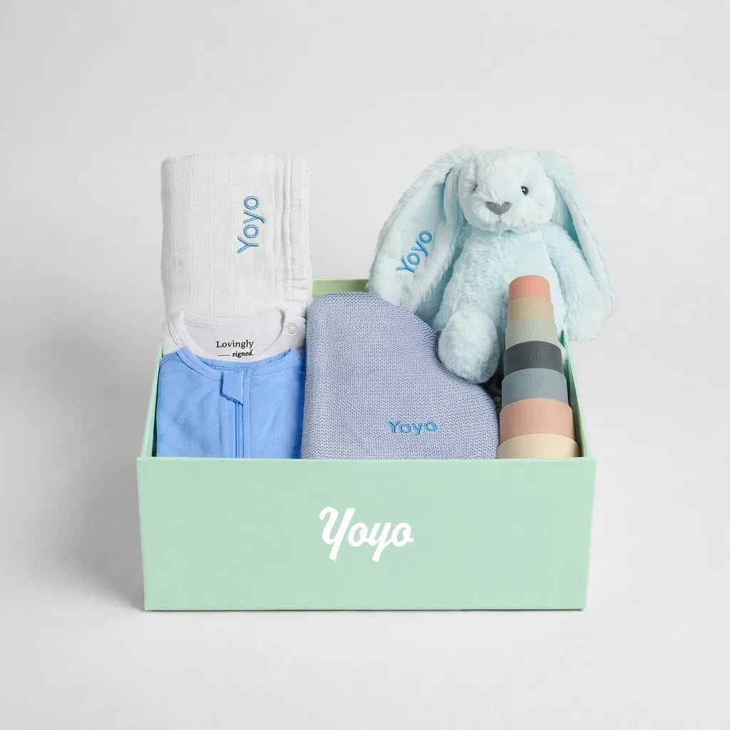 New Beginnings Baby Gift Set in Blue- Essential Clothings, Blanket, Wash Cloth, Bunny Soft Toy, Stacking Toy and Teether