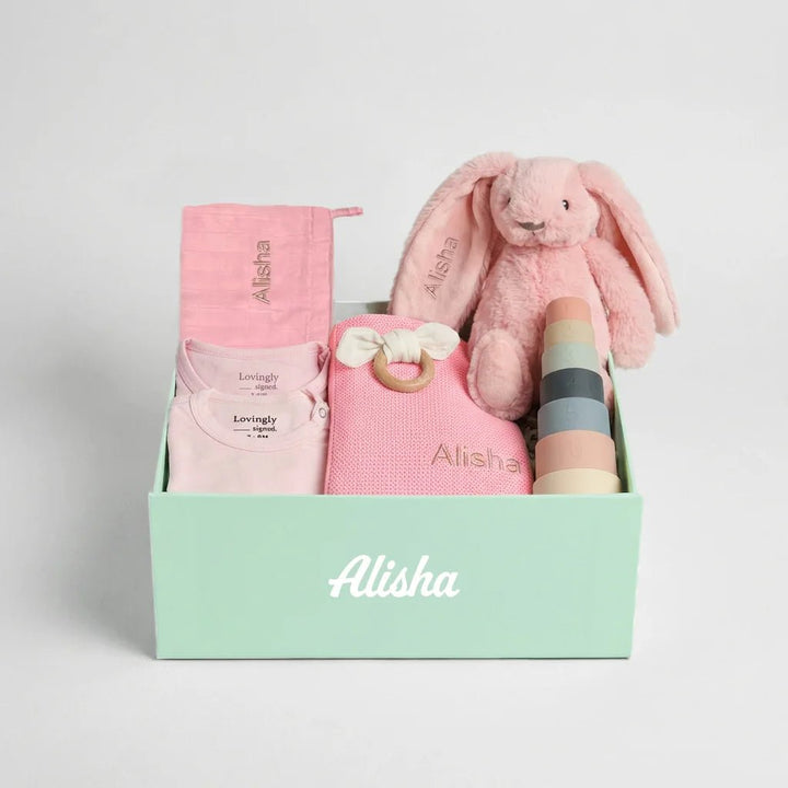 New Beginnings Babg Gift Set in Pink - Essential Clothings, Blanket, Wash Cloth, Bunny Soft Toy, Stacking Toy and Teether