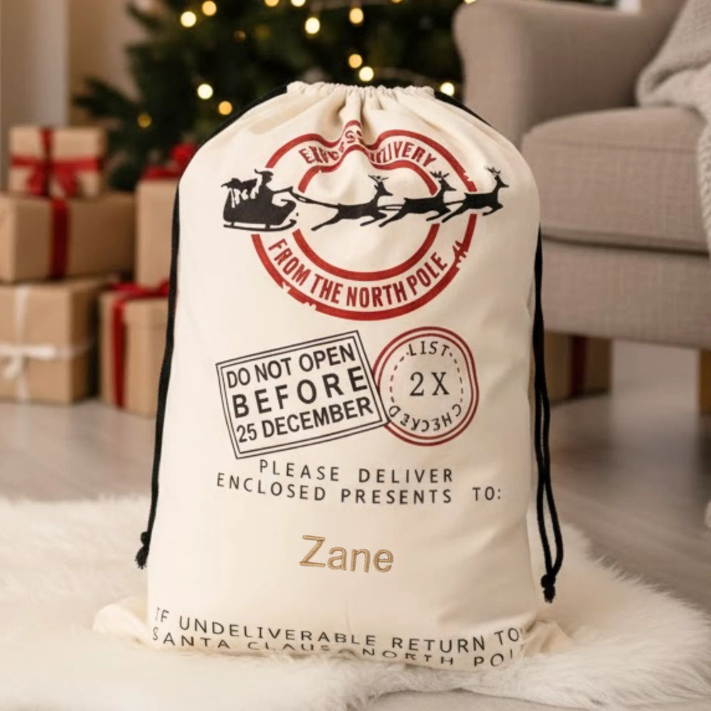 Personalised North Pole Express Mail Christmas canvas sack with embroidered name and gifts