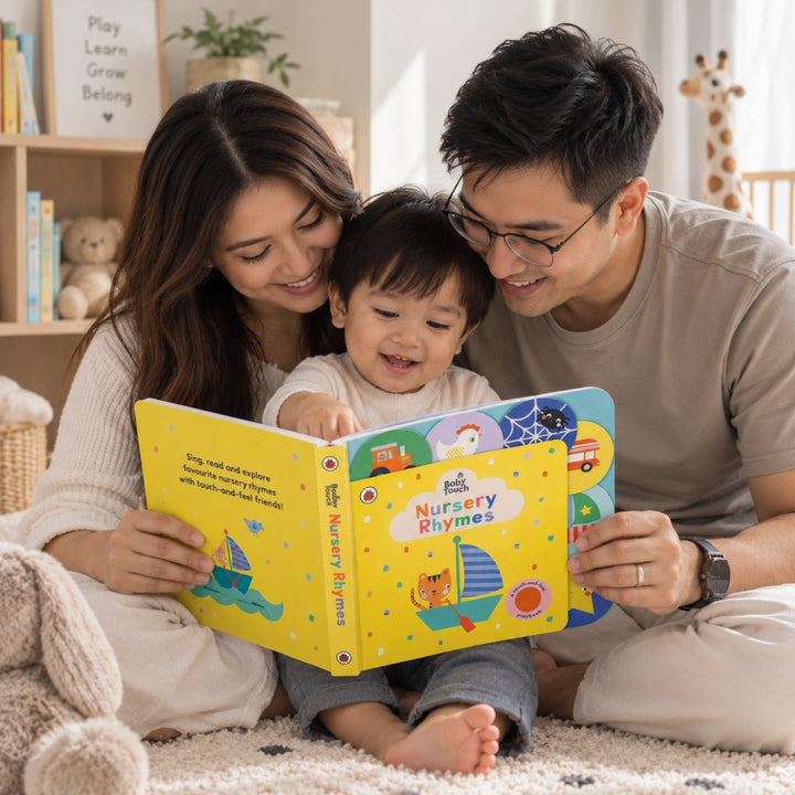 Family reading the Baby Touch Nursery Rhymes touch-and-feel board book together with their toddler in a cosy nursery.