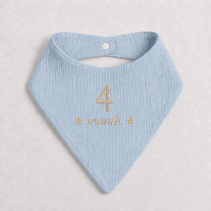 Blue baby bib with '4 month' text on a light gray background