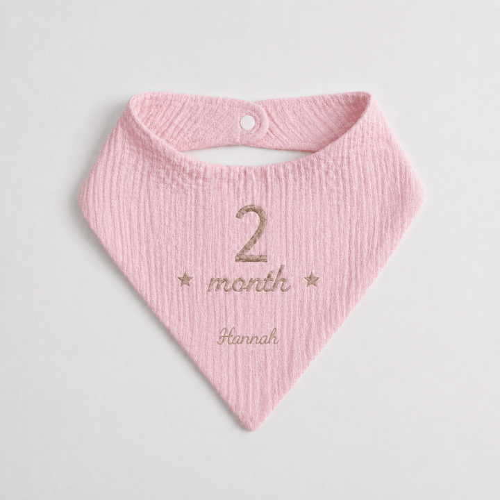 Pink baby bib with '2 month' and 'Hannah' embroidery on a light gray background