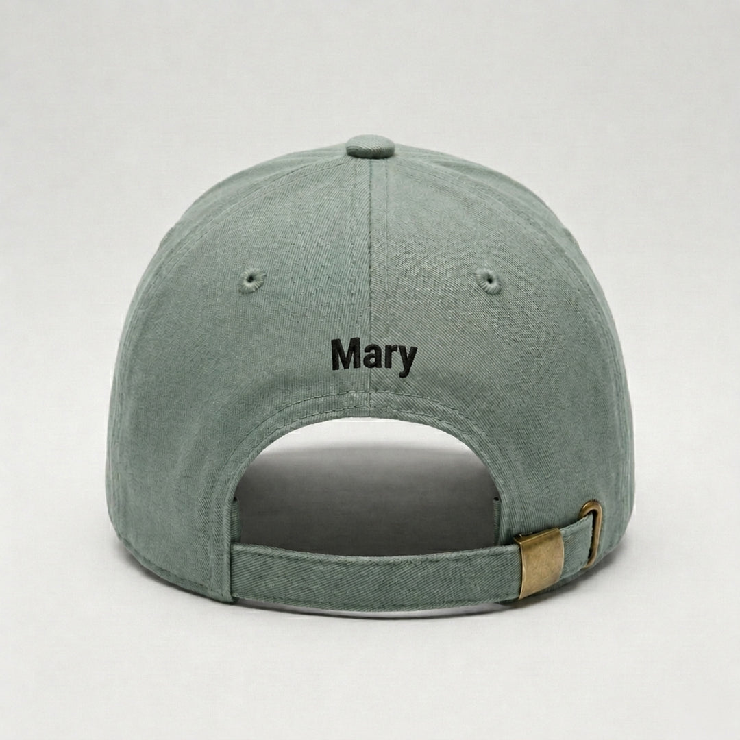 Back of personalised baseball cap with name