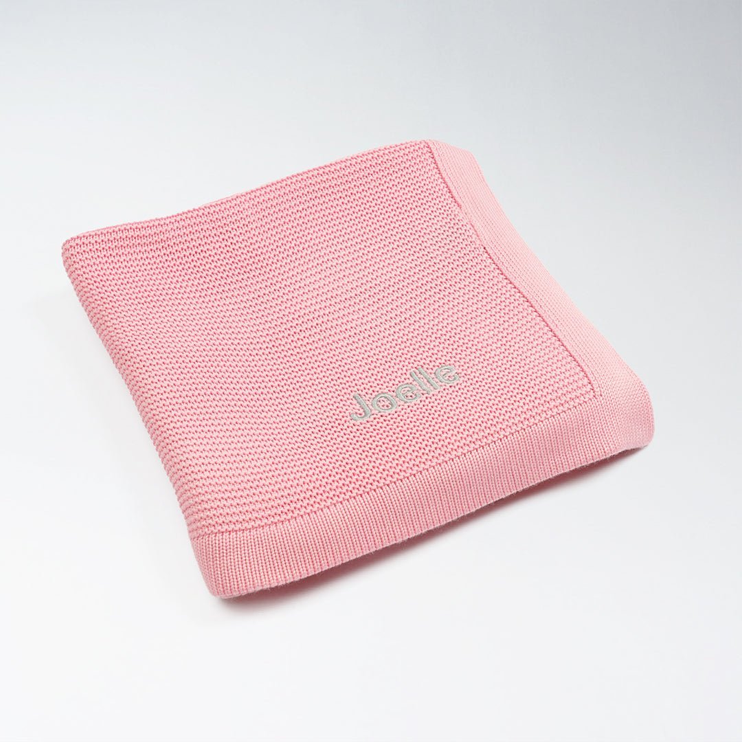 Personalised Pink Bamboo Blanket with "Joelle" customised in Grey Thread