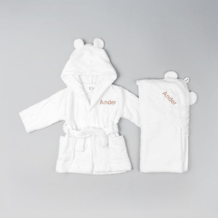 Personalised White Bamboo Robe and Towel embroidered with "Ander" in Beige Thread