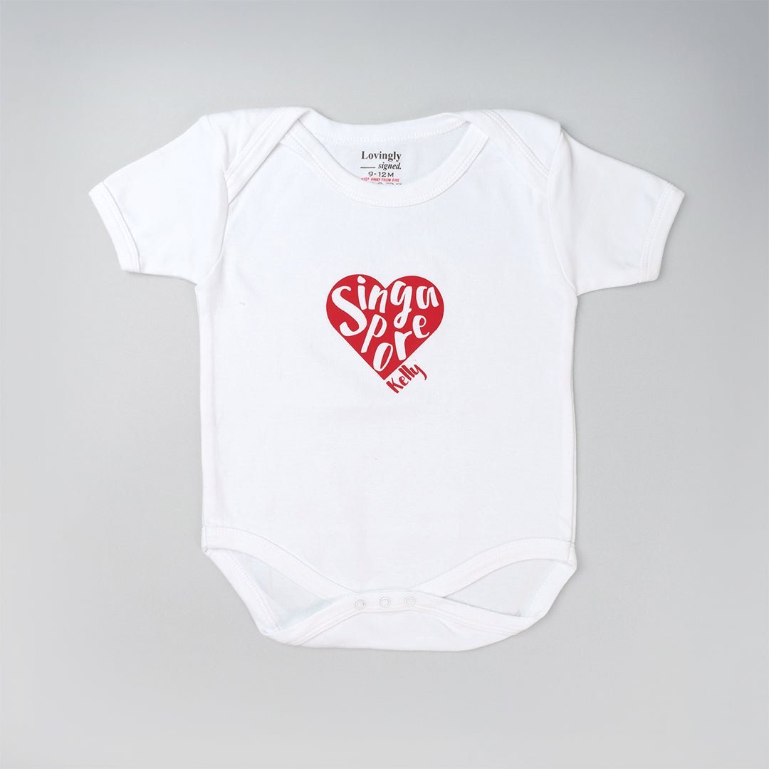 Baby Onesie with Singapore in a red Heart and Personalised Baby Name 