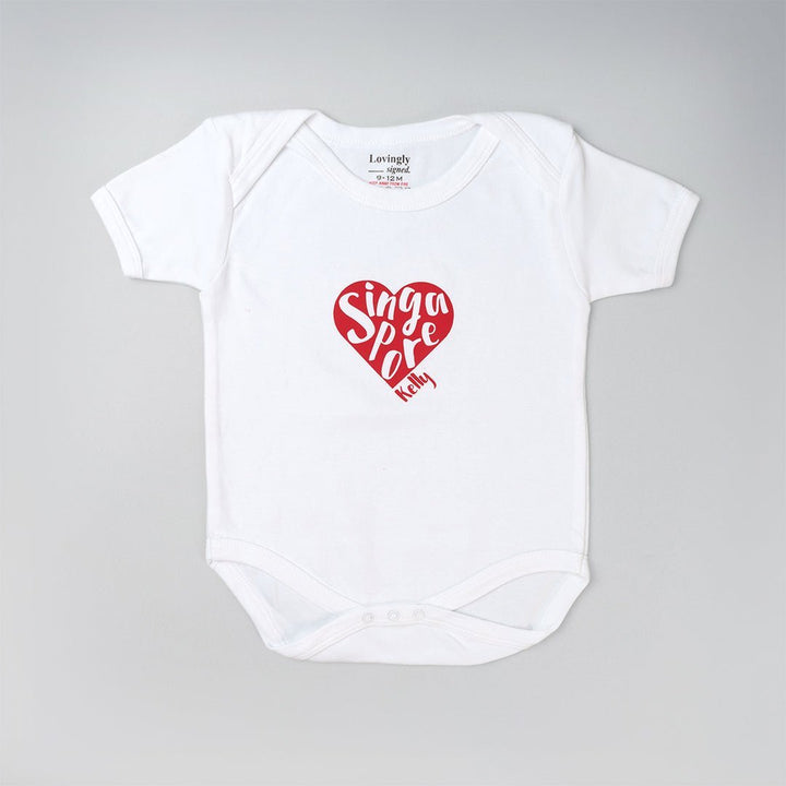 Baby Onesie with Singapore in a red Heart and Personalised Baby Name 