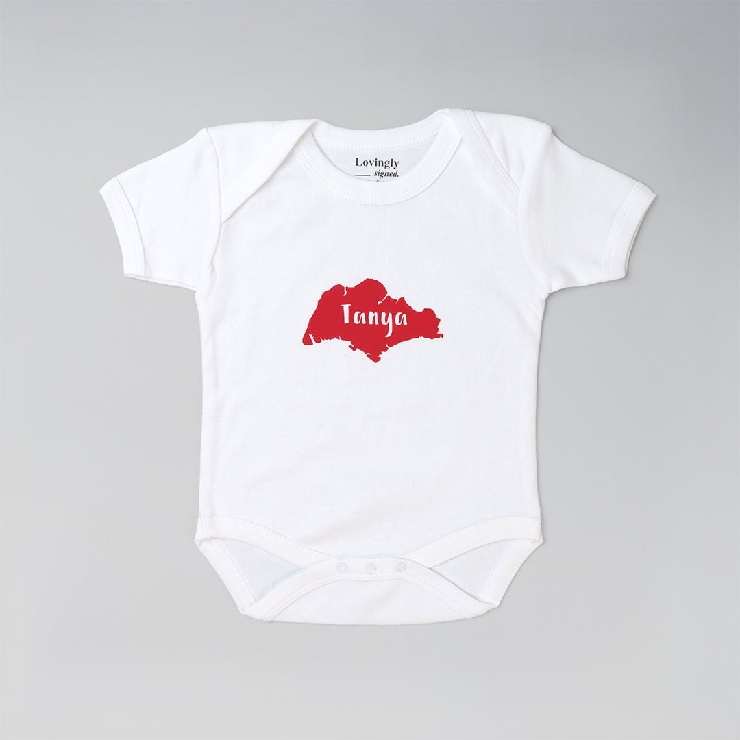 Baby Onesie with Singapore Map in a red and Personalised Baby Name 