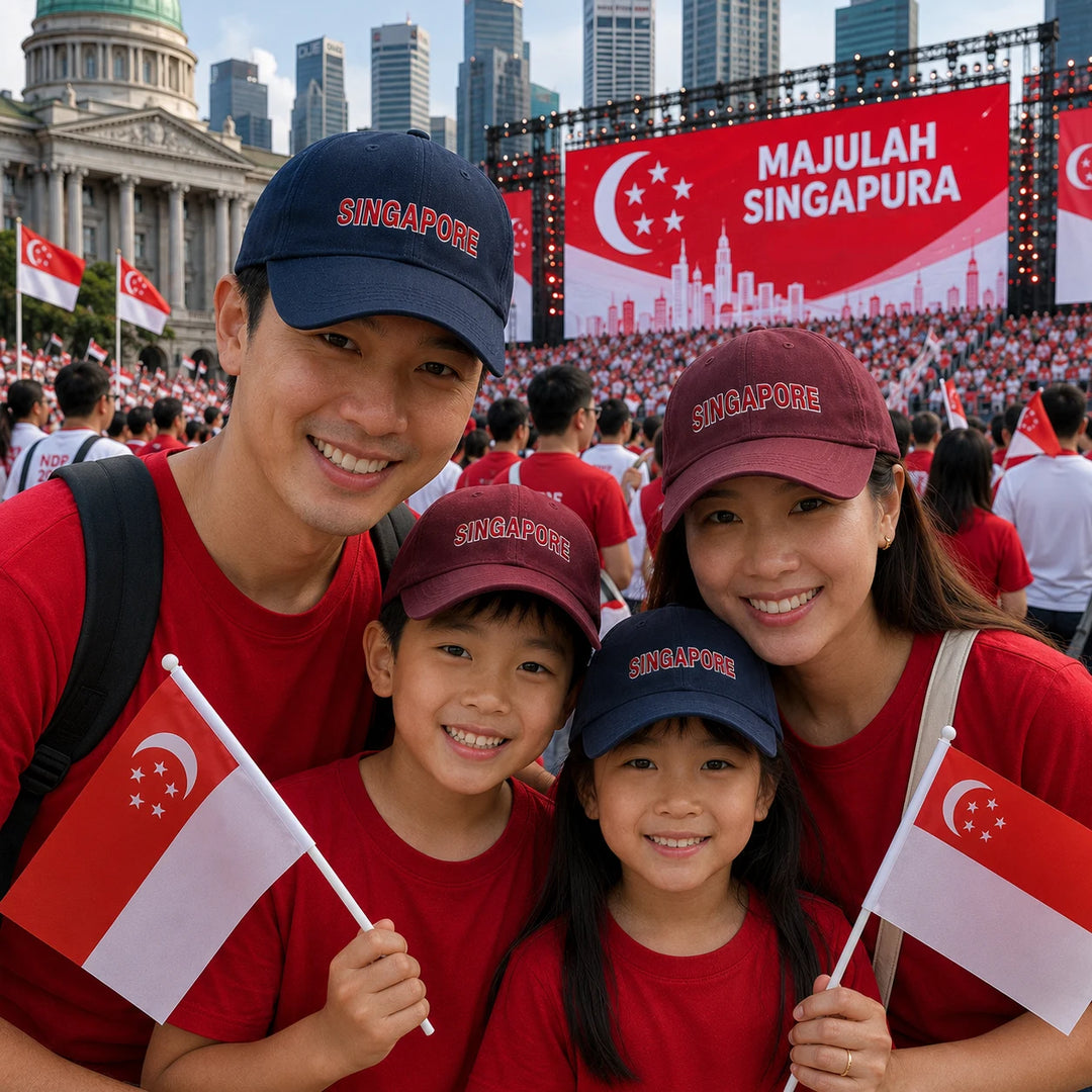A family of four wearing red and maroon shirts and caps with 'SINGAPORE' printed on them, holding small Singapore flags at a crowded outdoor event. A large 'MAJULAH SINGAPORA' banner and city skyline are visible in the background.