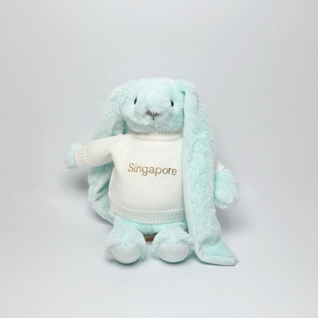 Plush toy rabbit with 'Singapore' text on a jumper
