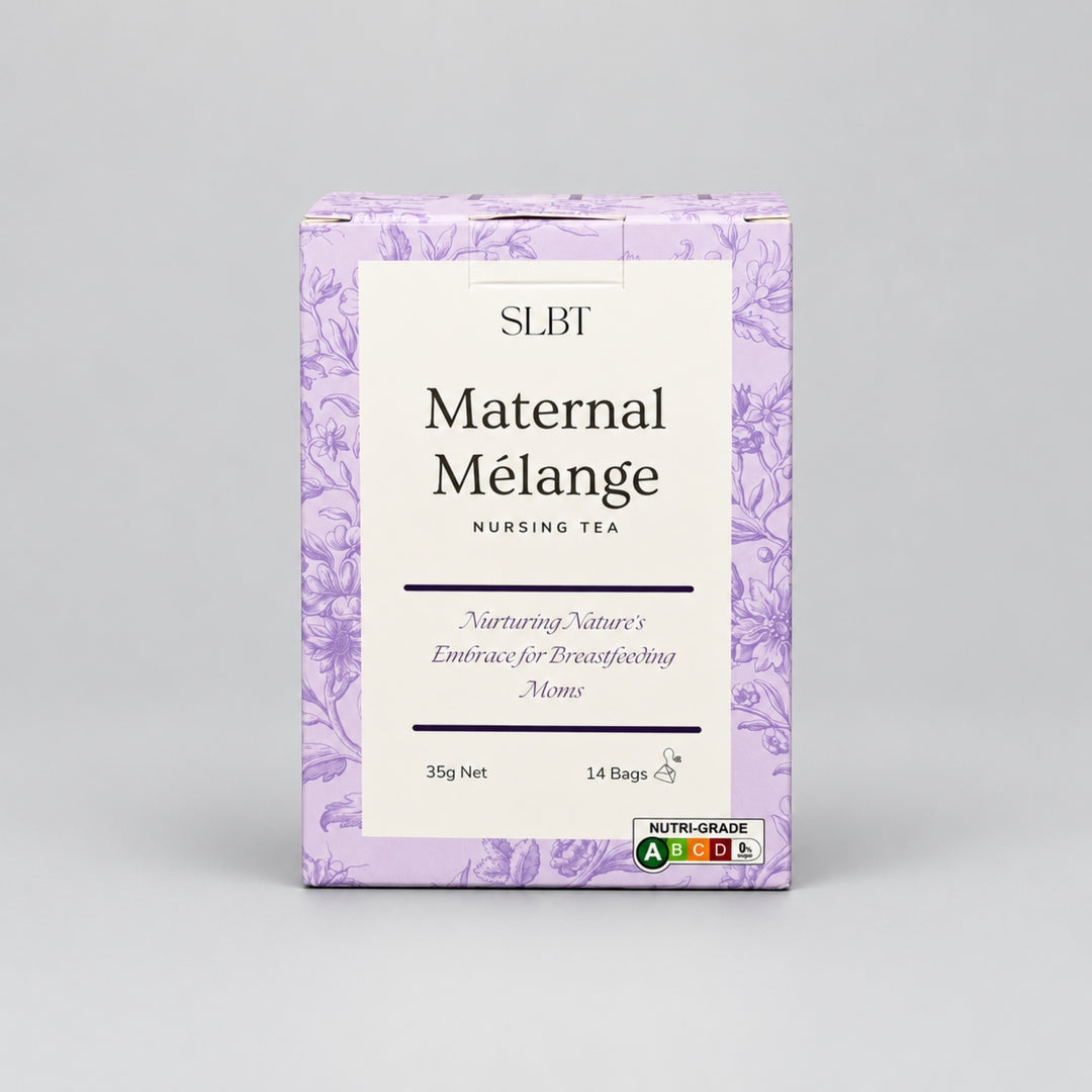 SLBT Maternal Mélange Nursing Tea in lavender floral packaging, formulated for breastfeeding mums with 14 tea bags.