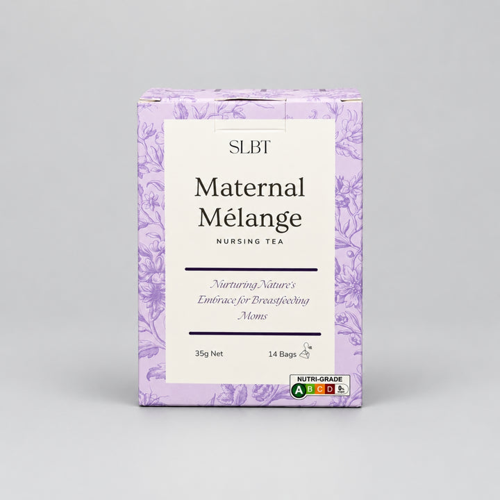 SLBT Maternal Mélange Nursing Tea in lavender floral packaging, formulated for breastfeeding mums with 14 tea bags.