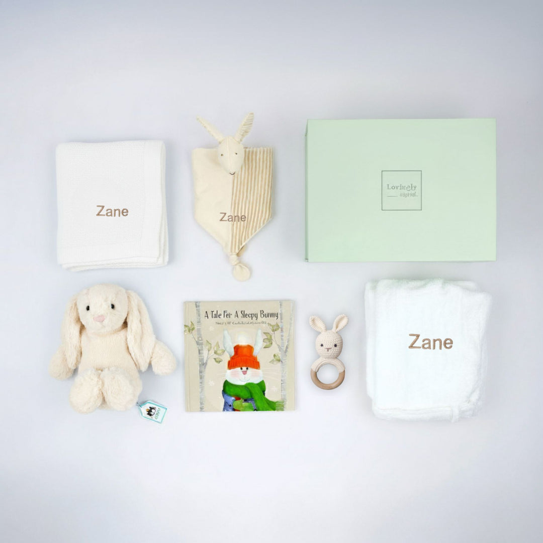 Collection of baby items including a blanket, plush toys, and a book on a light gray background.