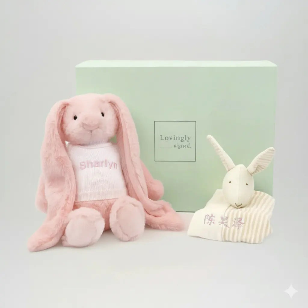 Personalised Snuggle Gift Set for Baby, consist of Pink Bunny and Comforter