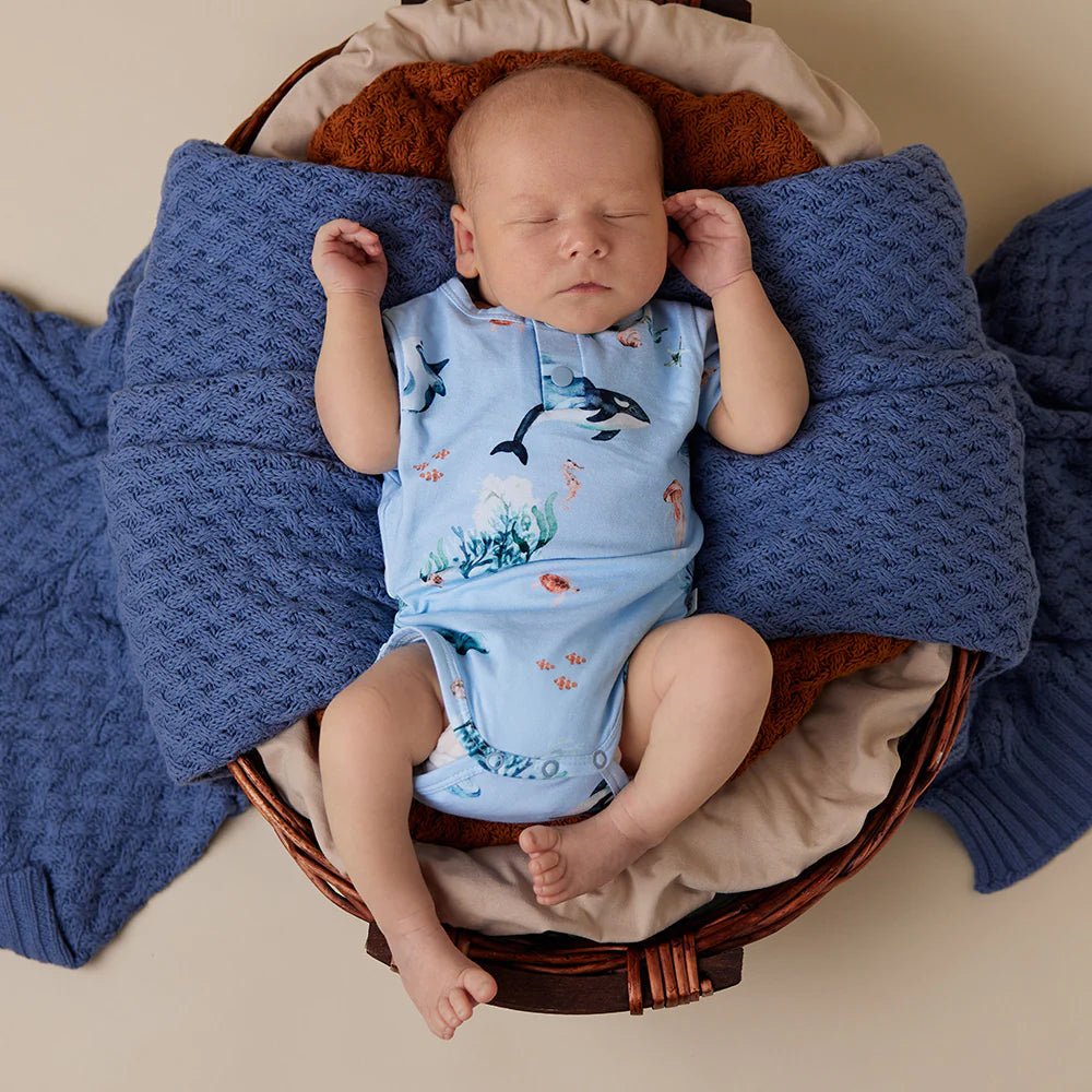 Organic cotton baby bodysuit with Blue Ocean print by Snuggle Hunny
