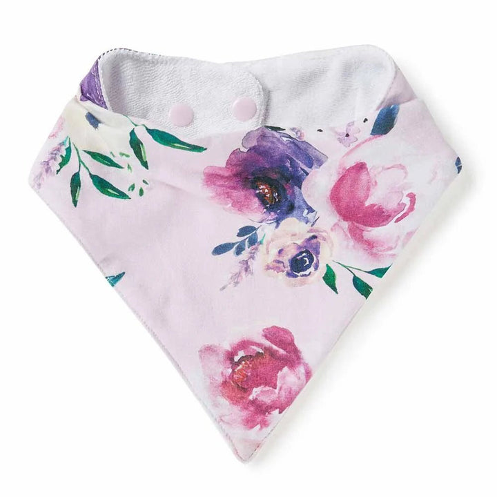 Organic cotton baby bib with floral design and adjustable snaps