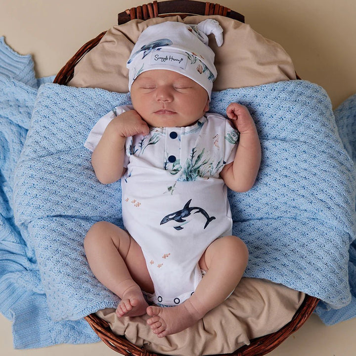 Organic cotton baby bodysuit with Ocean print by Snuggle Hunny

