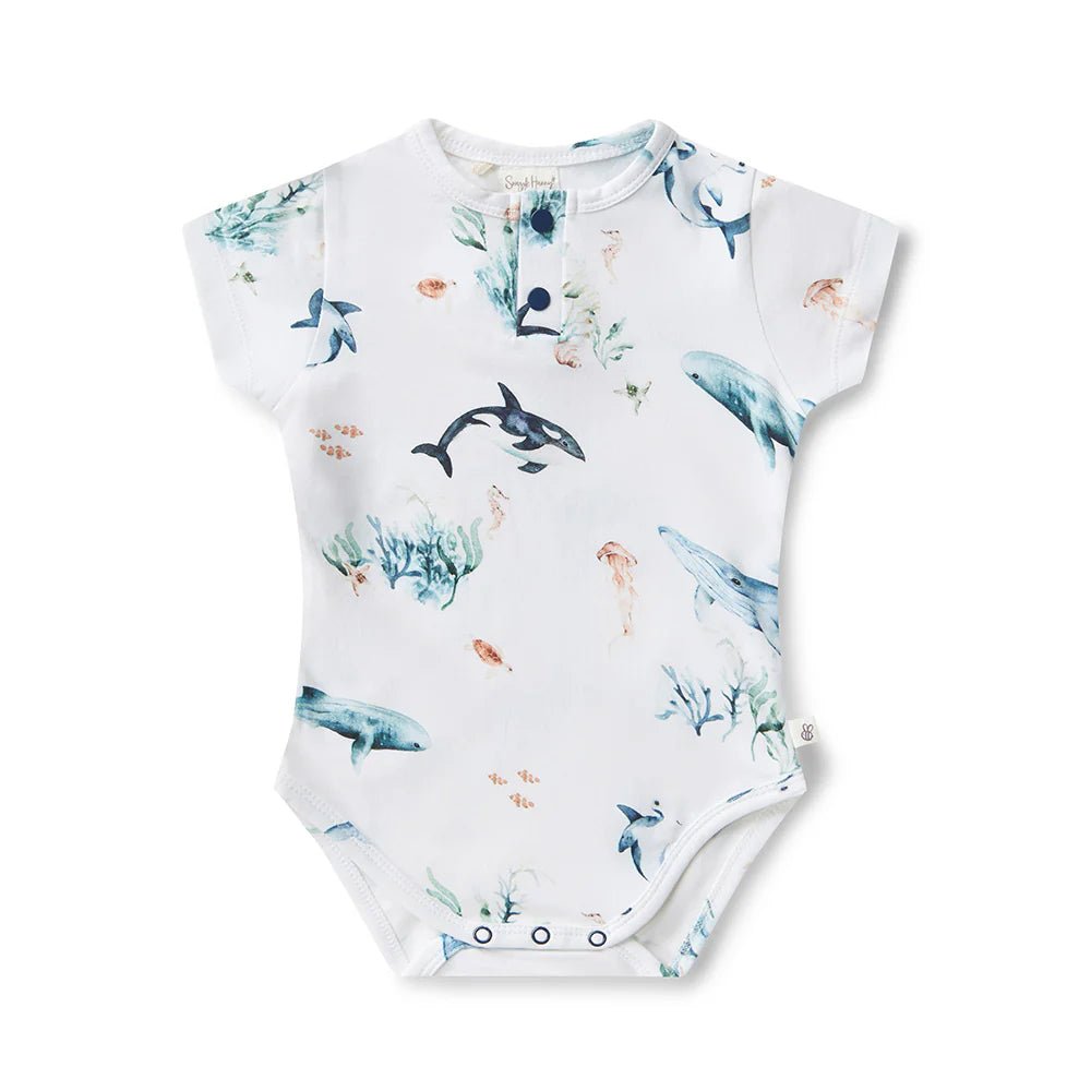 Snuggle Hunny Ocean print bodysuit made with GOTS-certified cotton

