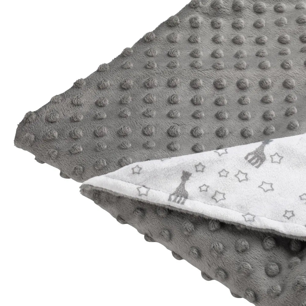 Close-Up of Sophie la girafe Sophie’doux Grey Textured Baby Blanket with Printed Reverse Side